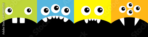 Cute cartoon monster square head icon set line. Boo Spooky Screaming smiling sad face emotion. Three eyes, tongue, teeth fang, mouse. Happy Halloween card. Flat design style. White background.