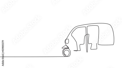 Animated self drawing of continuous one line draw from the side, rickshaw is a traditional transportation in India which still operating until now serving passengers. Full length single line animation photo