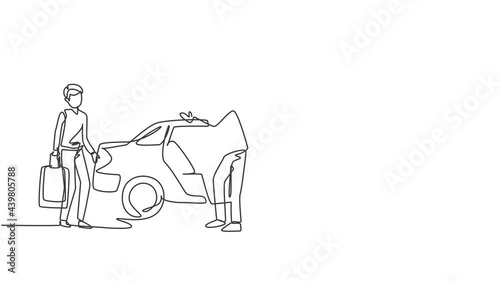 Self drawing animation of single one line draw male taxi drivers inviting prospective passengers to get inside and deliver them to their destination. Continuous line draw. Full length animated. photo