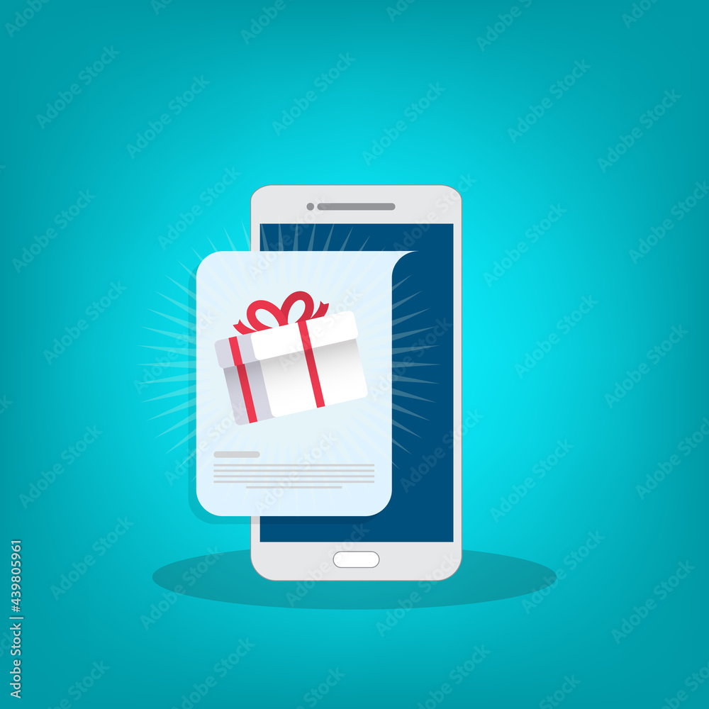 Gift box on smartphone screen. Giveaway concept. Vector illustration Gift box on smartphone screen. Giveaway concept. Vector illustration