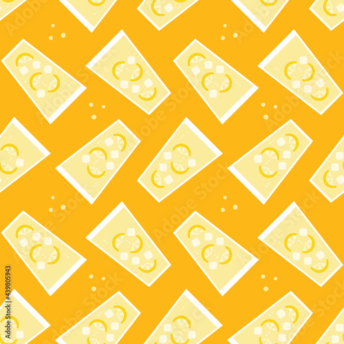 Vector seamless pattern background with cartoon style lemonade long glasses with lemon slices and ice cube for summer, drinks design.
