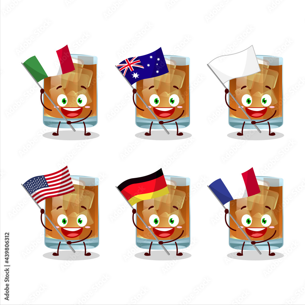 Whiskey cartoon character bring the flags of various countries Whiskey cartoon character bring the flags of various countries