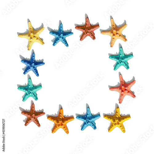 Square frame from colorful starfish pattern. Nautical or marine theme of sea life. Bright summer style.