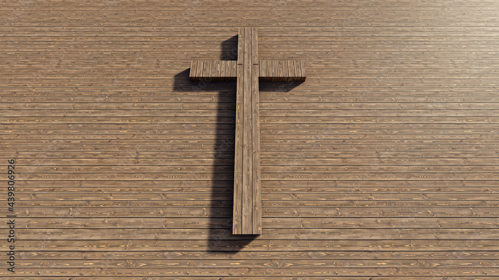 Concept or conceptual cross on a natural wood or wooden texture background. 3d illustration metaphor for God, Christ, Christianity, religious, faith, holy, spiritual, Jesus, belief, resurection