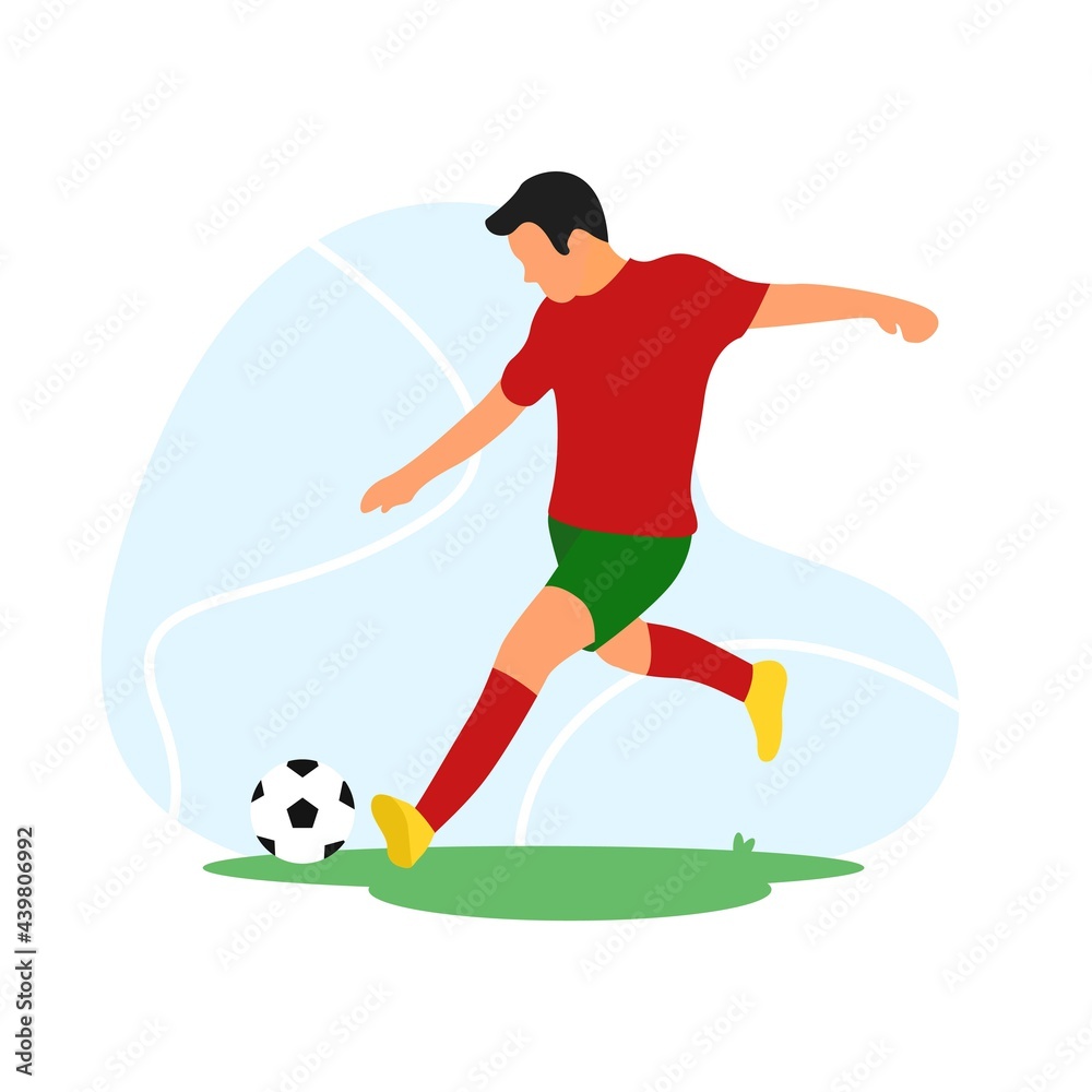 Soccer Player Flat Illustration. Football Player Kicking The Ball. Vector Isolated white background - EPS 10 Vector