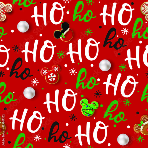 Ho Ho Ho pattern, Santa Claus laugh. Seamless texture for Christmas design. Vector red background with handwritten words' go with and red Christmas toys.