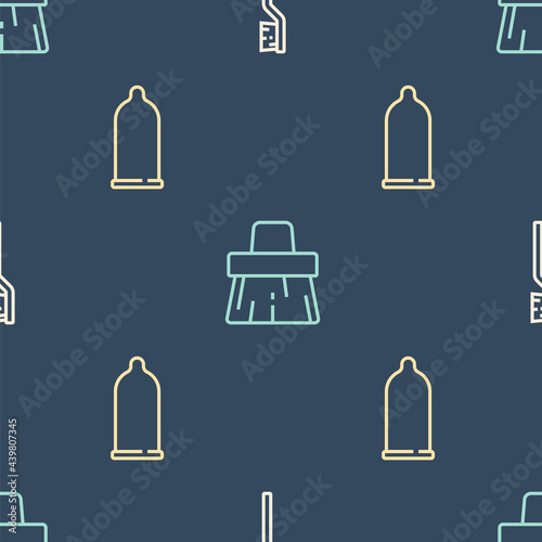 Set line Toothbrush, Condom and Handle broom on seamless pattern. Vector