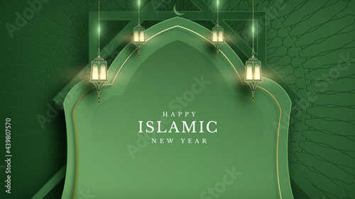 Elegant islamic new year creative card poster background. Lamp and half moon and golden line on pattern. Luxury realistic mosque paper cut style design. Empty space to place text. vector illustration. photo