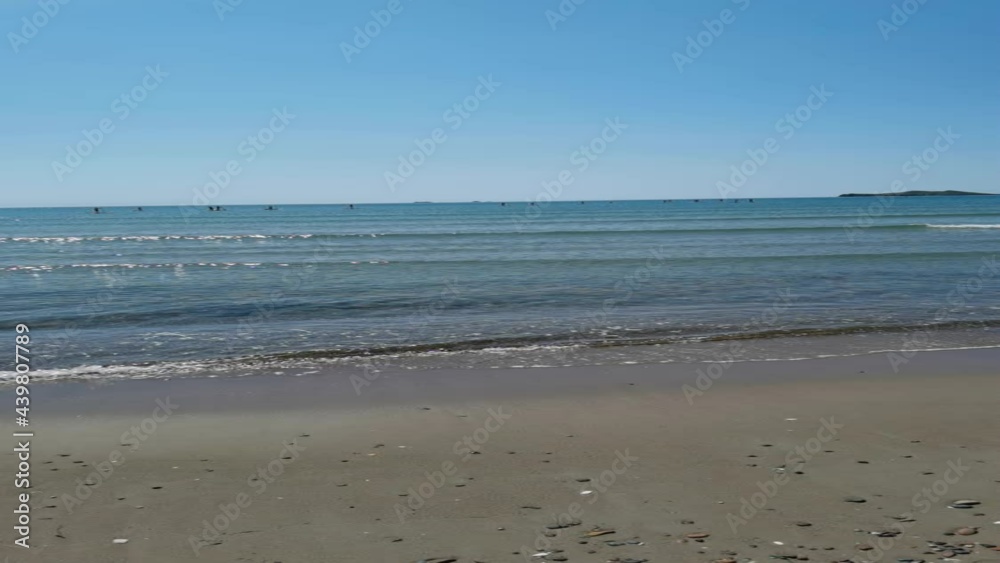 surfers on the Blue waves over the blue sea in sunny day surfers on the Blue waves over the blue sea in sunny day