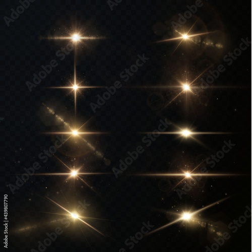 Light rays of light horizontal golden color with glare and flashes isolated on a transparent background. Light star gold png. Light sun gold png. Light flash gold png.	