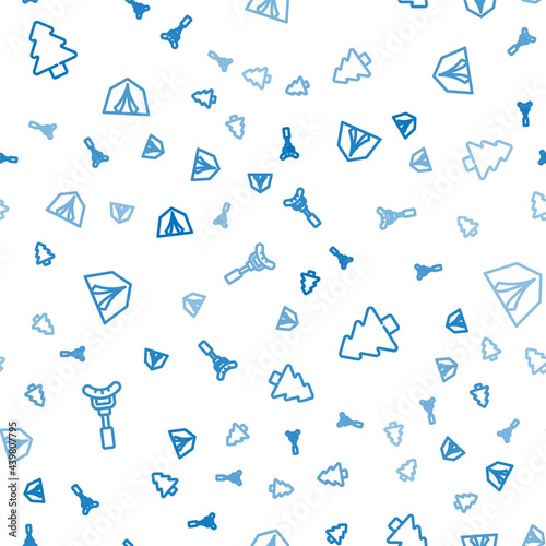 Set line Sausage on the fork, Forest and Tourist tent on seamless pattern. Vector