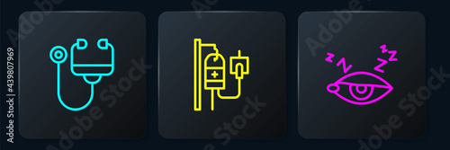 Set line Stethoscope, Insomnia and IV bag. Black square button. Vector