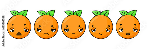 User experience feedback concept with different mood emoji oranges. Feedback fruit emoji rate form for web site or app