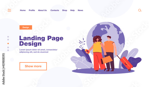 Couple traveling or moving to other country. Man and woman with bag and suitcase, globe background flat vector illustration. Tourism, vacation concept for banner, website design or landing web page