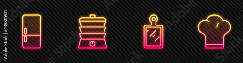 Set line Cutting board, Refrigerator, Slow cooker and Chef hat. Glowing neon icon. Vector