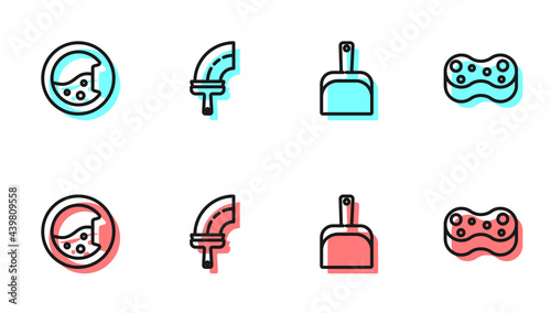Set line Dustpan, Washer, Rubber cleaner for windows and Sponge icon. Vector