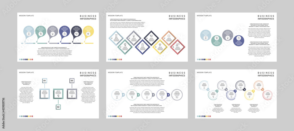 Presentation vector template. Colorful infographic set for slide presentations on white background. Can be used for annual report, flyer, brochure, corporate report, flowchart, marketing