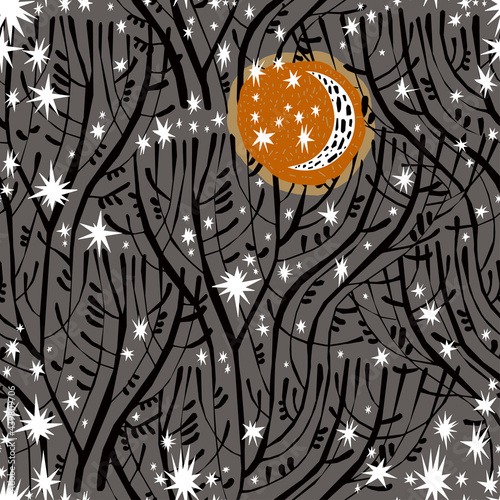 Tree branches at dreamy night with moon and stars natural seamless pattern in minimalism aesthetic background.