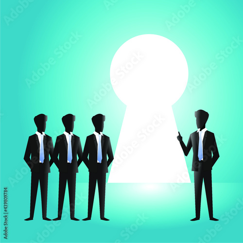 picture of several business people standing in front of a big keyhole