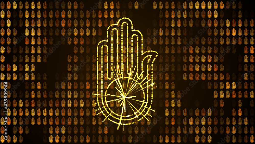 Abstract Golden Shiny Jain Symbol Hand Lines And Light Burst From Wheel ...