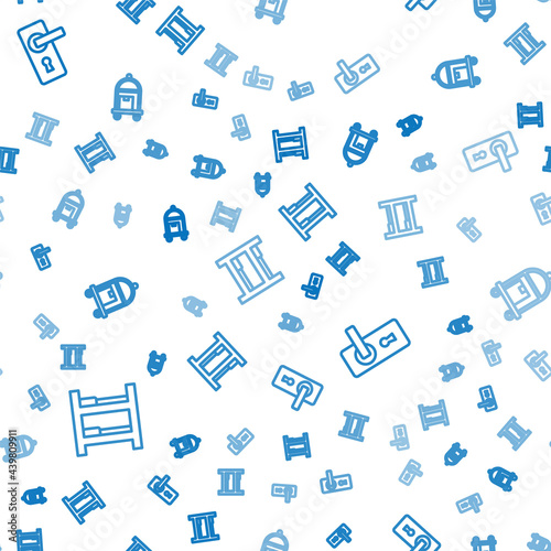 Set line Hotel room bed, Door handle and Suitcase on seamless pattern. Vector
