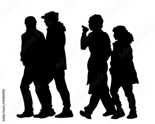 Big crowds people on street. Isolated silhouette on a white background