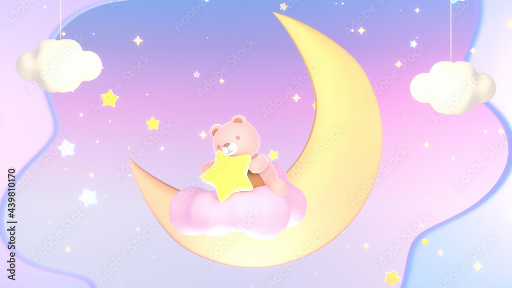 Cartoon cute bear holding a yellow star sitting on a pink cloud. Beautiful yellow crescent moon and hanging clouds in the night sky. Good night and sleep tight lullaby theme. 3d rendering picture.