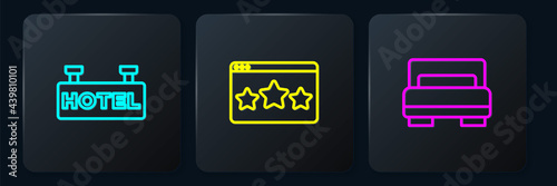 Set line Signboard with text Hotel, room bed and Five stars rating review. Black square button. Vector