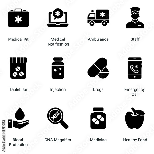 set of hospital and healthcare icons in Glyphs style. professionals and medical equipment. first aid kit, oxygen, doctor bag, pulse, thermometer, eye, DNA, insemination, Simple symbols for app develop