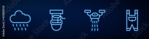 Set line Smart farm with drone, Cloud rain, Well bucket and Garden worker clothes. Glowing neon icon on brick wall. Vector