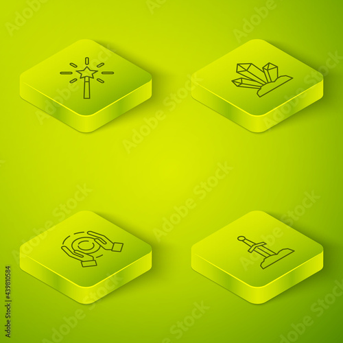 Set Isometric line Magic stone, ball hand, Sword in the and wand icon. Vector