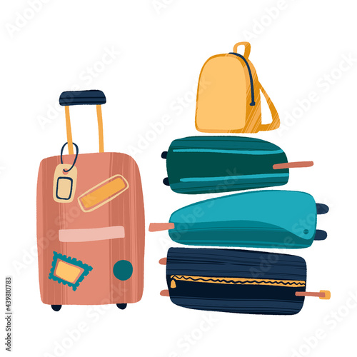 Suitcases, backpacks and travel bags in trendy flat style with dry brush texture.