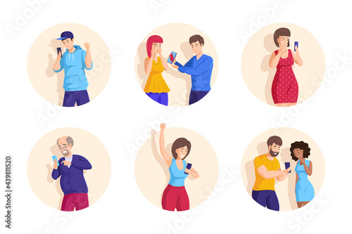 Collection of people looking to smartphones and talking with different emotions. Set man, woman, couple and families holding mobile phones. Person chatting, typing message with social network