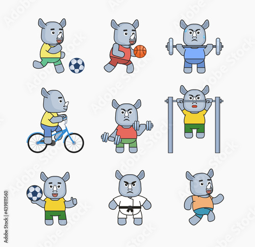 Cute rhino in various sports set. Rhino mascot play football, basketball, ride bike, run and show other actions. Modern vector illustration