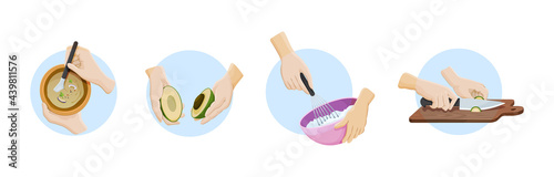 Collection human hands preparing food. Cooking utensils, prepare ingredients use cutlery