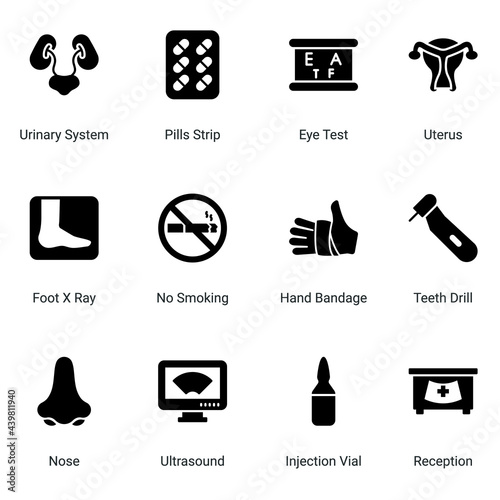 set of hospital and healthcare icons in Glyphs style. professionals and medical equipment. first aid kit, oxygen, doctor bag, pulse, thermometer, eye, dna, insemination, Simple symbols for app develop