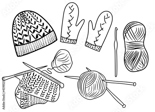 World Knitting Day in public, knitted hat, mittens, knitting yarn balls, knitting needles and hook, favorite hobby, flat cartoon illustration doodle, handmade products, Vector illustration