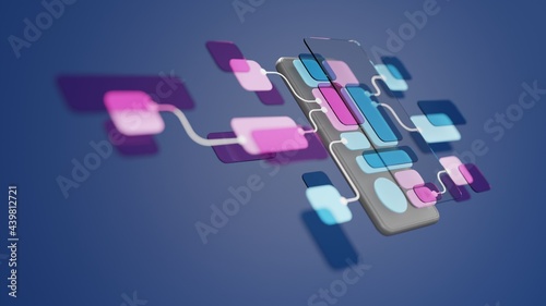 UX UI flowchart connection node graphic designer creative planning application process development data prototype wireframe for web mobile icon phone . User experience concept. 3d rendering.
