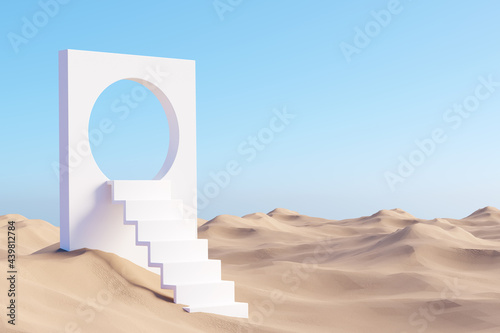 Surreal desert landscape with white staircases on sand