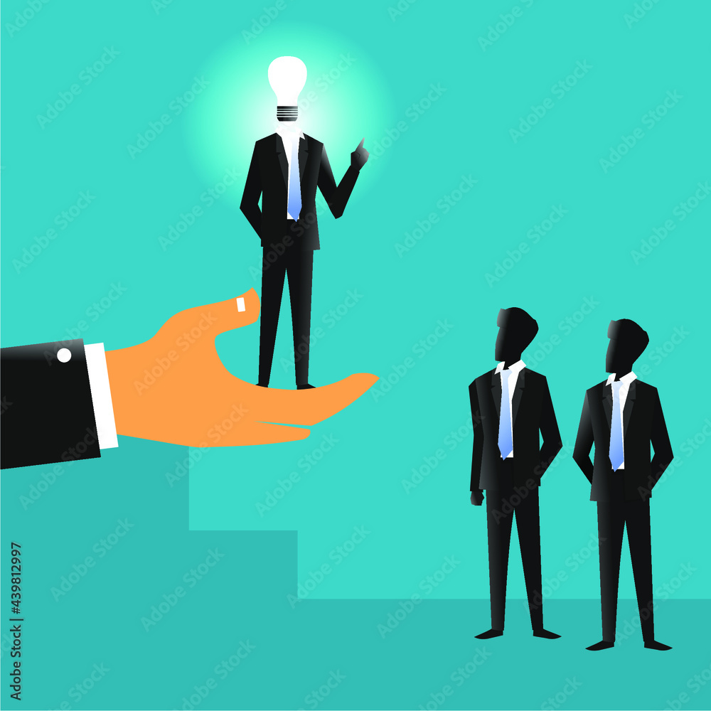 Fototapeta premium businessman with a light bulb head above a hand and two other business people under it
