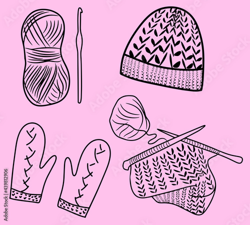 World Knitting Day in public, knitted hat, mittens, knitting yarn balls, knitting needles and hook, favorite hobby, flat cartoon illustration doodle, handmade products, Vector illustration