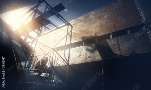 Welder man working in ship yard, concept industrial worker life. photo