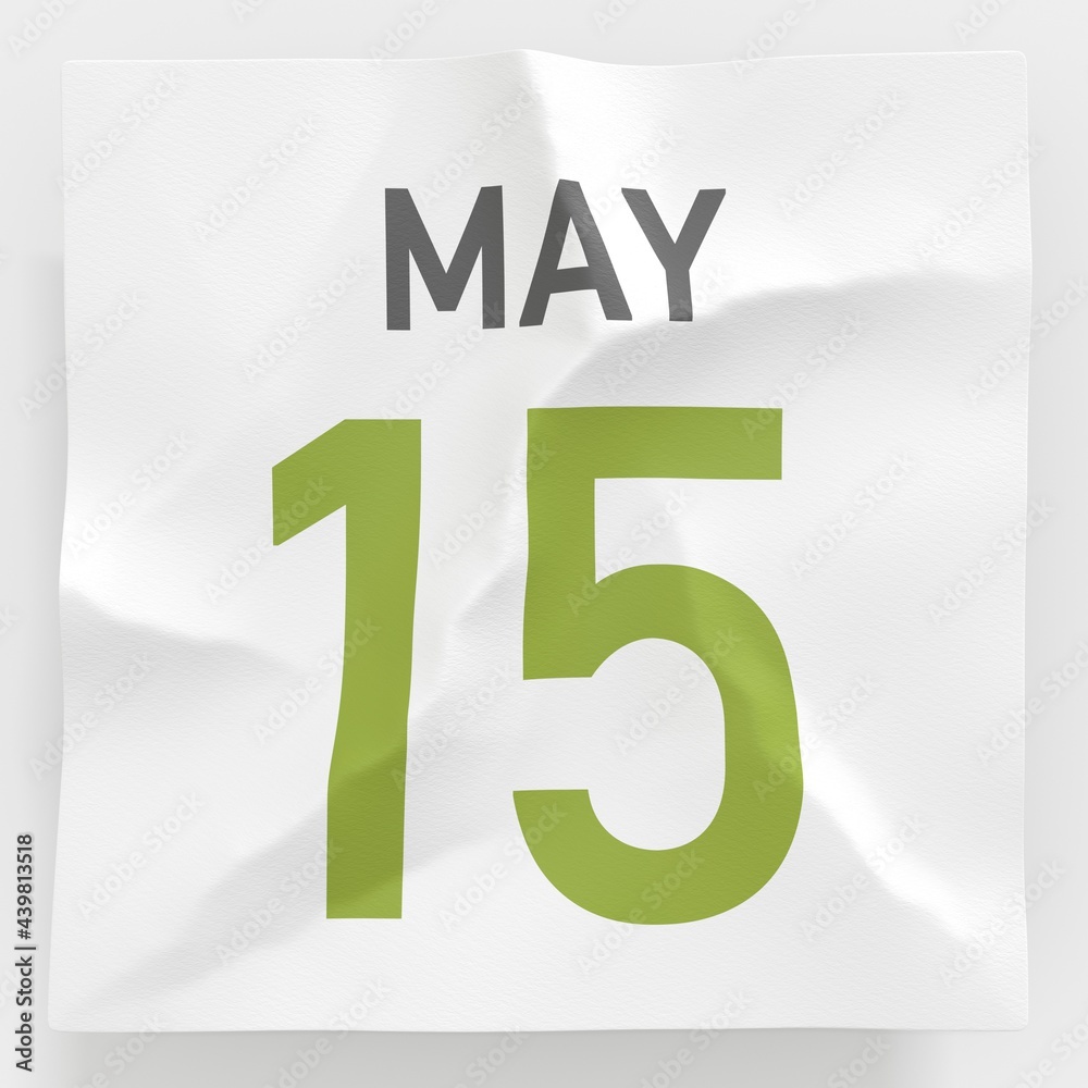 Fototapeta premium May 15 date on crumpled paper page of a calendar, 3d rendering