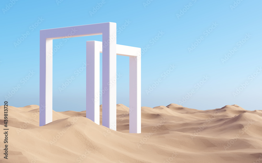 Surreal desert landscape with white square portals