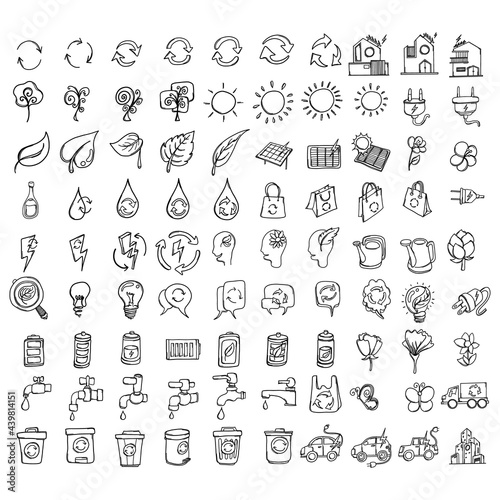 Ecology Doodle vector icon set. Drawing sketch illustration hand drawn line eps10