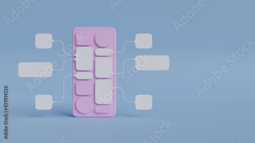 Obraz na płótnie UX UI flowchart connection node graphic designer creative planning application process development data prototype wireframe for web mobile icon phone . User experience concept. 3d rendering.