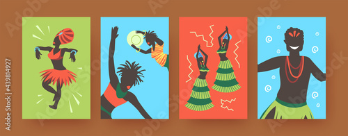 Set of contemporary art posters with African tribal dancers. Vector illustration. .Colorful collection of Africans wearing ethnic clothes, dancing in colored background. Africa, dance, culture concept