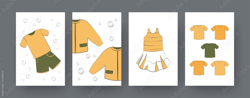 Set of contemporary posters with clothes for boys and girls. Dress, shirts, shorts for kids cartoon vector illustrations. Clothing, children concept for designs, social media, postcards Set of contemporary posters with clothes for boys and girls. Dress, shirts, shorts for kids cartoon vector illustrations. Clothing, children concept for designs, social media, postcards