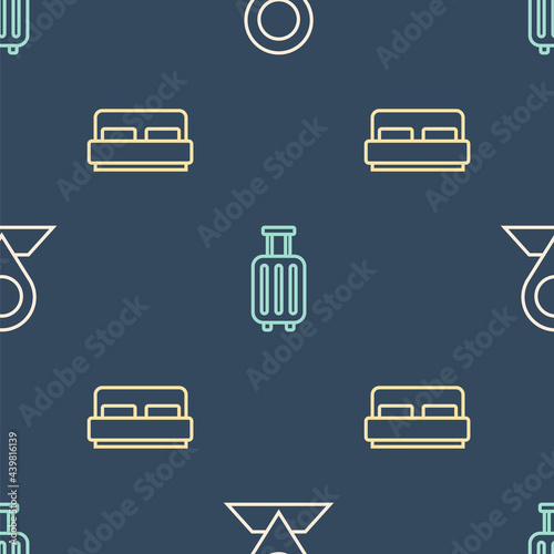 Set line Location, Hotel room bed and Suitcase on seamless pattern. Vector
