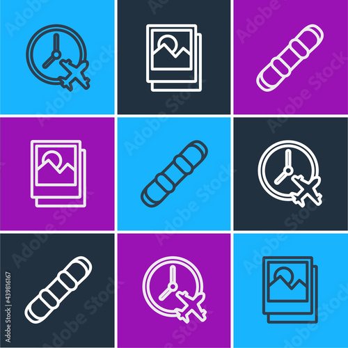 Set line Clock with airplane, Snowboard and Photo icon. Vector